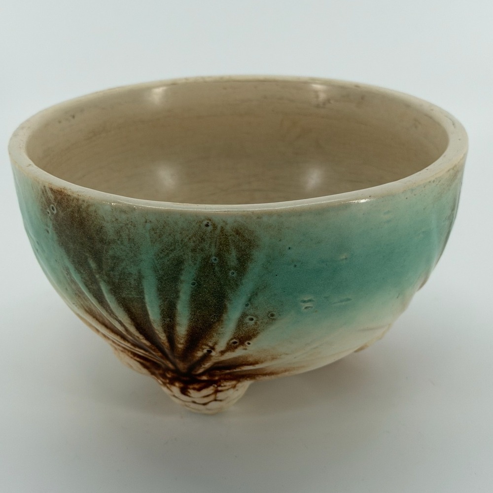Vintage 1945 McCoy Rustic Pinecone Footed Ceramic Bowl Jardiniere Turquoise - Picture 4 of 12